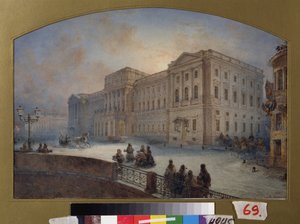 Widok Pałacu Marlinskiego w zimie (Sankt Petersburg). Praca Wasilija Siemionowicza Sadovnikova (1800-1879), akwarela na papierze autorstwa Vasili Semenovich Sadovnikov
