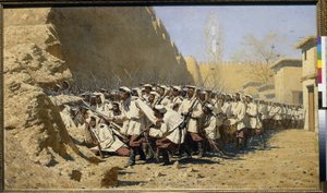 Do fortyfikacji Wpuść ich! (zbiór wojsk przed bitwą) (Pod murami twierdzy; Wpuść ich!) - Obraz Wasilija Wasiljewicza Vereshchagin (Vereshchagin) (1842-1904), olej na płótnie ( 95x160,5 cm) autorstwa Vasili Vasilievich Vereshchagin