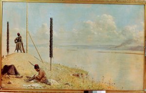 ""Wartownik nad Dunajem, Ukraina"" Kozacka straż w delcie Dunaju - (Pikieta na Dunaju) Obraz Wasilija Wasiljewicza Vereshchagin (Vassili Vereshchagin) (1842-1904) Olej na płótnie 1878-1879 Ciemne 120x200 cm Muzeum Rosyjskie Sztuka, Kijów