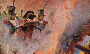 Żołnierze prowadzą Napoleona Bonaparte przez ogień w Moskwie (kolorowa litografia) autorstwa Vasili Vasilievich Vereshchagin
