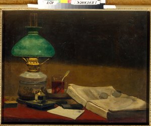 ""Natura martwa"" (Martwa natura) Książka, lampa biurkowa, szklanki i filiżanka herbaty - Obraz Vasiliego Polenova (1844-1927) Olej na płótnie Wym. 61,3x79,3 cm Regionalne Muzeum Sztuki, Ługańsk
