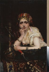 Odaliska. (Portret kobiety z haremu, o melancholijnym spojrzeniu, trzymającej fajkę wodną). Obraz Wasilija Dmitriewicza Polenova (1844-1927), olej na płótnie. XIX-wieczna sztuka rosyjska, orientalizm. Narodowe Muzeum Sztuki Republiki Białoruskiej, Mińsk (B autorstwa Vasilij Dmitrievich Polenov