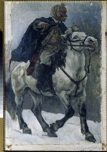 Aleksander Suworow (1729-1800) na koniu. (Aleksander Suworow na koniu). Rosyjski bohater jest opisywany, jak przemierza Alpy na czele wojsk rosyjskich podczas kampanii włoskiej (1799-1800). Obraz Wasilija Iwanowicza Surikova (Wasilij Surik