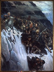 Kampania włoska (1799-1800): przemarsz Aleksandra Suworowa (Suwarow lub Souwarow Rimniski lub Rimnitskoi) (1729-1800) i wojsk rosyjskich przez Alpy w 1799 r. - Marsz Suworowa przez Alpy w 1799 r. - Obraz Wasilija Iwanowicza Surikowa