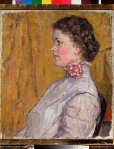 Portret kobiety na żółtym tle (Portret kobiety na żółtym tle) - Obraz Vasilli Ivanovich Surikov (Vasili Surikov lub Vassili Surikow) (1848-1916), olej na płótnie autorstwa Vasilij Ivanovic Surikov