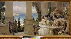 Sur la terrasse - Peinture de Vassili (Vasili, Vasilii, Wilhelm) Aleksandrowicz Kotarbinsky (Kotarbinski, Kotarbinskii) (1849-1921), huile sur toile - Na tarasie, Olej na płótnie Wasilija Aleksandrowicza Kotarbińskiego - Regionalne Muzeum Sztuki, Kirowohra autorstwa Vasily Alexandrovich Kotarbinsky