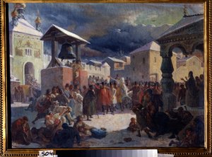 Veche (średniowieczne zgromadzenie ludowe krajów słowiańskich) w republice nowogrodzkiej (veche w republice nowogrodzkiej). Obraz Wasilija Grigoriewicza Chudiakowa (1826-1871). olej na płótnie autorstwa Vasily Grigorievich Khudyakov