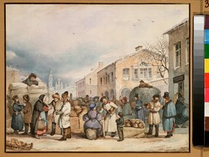 Rynek siana w Sankt Petersburgu - Praca Wasilija Iwanowicza Szternberga (1818-1845), akwarela na papierze autorstwa Vasily Ivanovich Sternberg