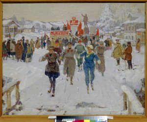 Armia Czerwona w kołchozie. Żołnierze w mundurach jeżdżą na nartach po ulicach wsi z drewnianymi domami w towarzystwie młodych kobiet i pod okiem mieszkańców zgromadzonych przy podium ozdobionym czerwonymi flagami. Malowanie autorstwa Vasily Nikolaevich Kostyanitsyn