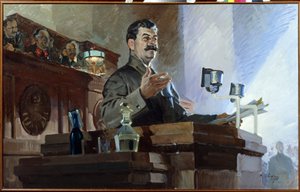 Józef Stalin (Stalin) (Joseph Vissarionovich Djougachvili dit) (1879-1953) redefiniuje konstytucję radziecką (konstytucję stalinowską) podczas VIII nadzwyczajnego zjazdu rad 5 grudnia 1936 roku. Widzimy Wiaczesława Mołotowa (1890-1986) na dr autorstwa Vasily Semyonovich Svarog