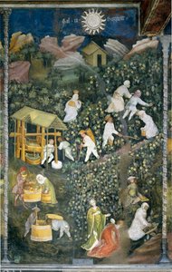 Październik: scena żniw, zbiór winogron i przygotowanie moutu (tłoczenie wina). Obraz Mistrza Miesiąca lub Mistrza Wacława (Maestro dei Mesi lub Maestro Wenceslao w języku włoskim, początek XV w.) odrestaurowany przez Marcello Fogolino około