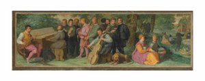Koncert duszpasterski z eleganckimi postaciami grającymi na cytrze, klawikordzie, skrzypcach, kornecie, puzonie i wiolonczeli (olej na desce) autorstwa Venetian School