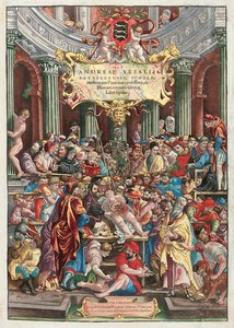 Frontyspis do De Humani Corporis Fabrica Libri Septem autorstwa Andreasa Vesaliusa (1514-64), wyd. Johannes Oporinus, Bazylea, czerwiec 1543 (kolorowy drzeworyt) (patrz także 233019)
