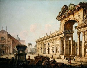 Wyimaginowany widok z łukiem triumfalnym (olej na płótnie) autorstwa Venetian School
