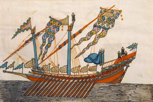 Pani cicogna 1971, miniatura z Pamięci Turchese przedstawiająca turecki okręt flagowy autorstwa Venetian School