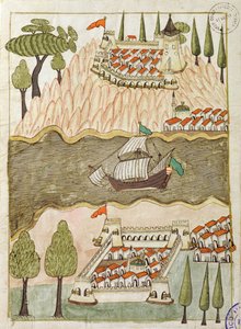Pani cicogna 1971, miniatura z „Memory Turchese” przedstawiająca dwie wielkie fortece nad Bosforem (pióro i atrament na papierze) autorstwa Venetian School