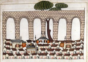 Widok na Konstantynopol i jego akwedukt. Miniatura z „Miejsc pamięci tureckich” (kodeks Cicogna 1971 „Memorie Turchesche”) Akwarela z XVII-wiecznej szkoły weneckiej. autorstwa Venetian School