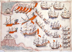 Wojna między Wenecją a Imperium Osmańskim: Bitwa pod Dardanelami, w której w 1655 r. zwyciężył wenecki kapitan Lorenzo Marcello (akwarela)