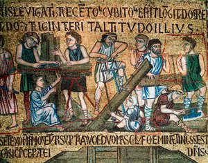 Architektura bizantyjska: „”budowa wieży Babel”” Na placu budowy robotnicy i stolarze piłowali deski. Mozaika wykonana przez artystów weneckich z XIII wieku Basilica di San Marco