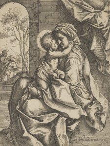 Siedząca Dziewica z Dzieciątkiem Jezus na kolanach, które ją obejmuje, Józef widział..., ok. godz. 1600-1613.