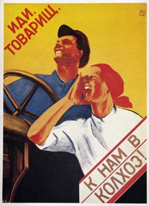 Rolnictwo ZSRR: „Chodźcie towarzysze i dołączcie do naszych kołchozów!” 1930 (plakat) autorstwa Vera Korablyova