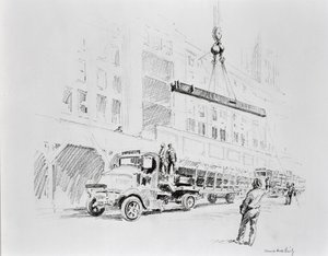 Stalowa belka wyciągana z ciężarówki, do wykorzystania przy budowie Empire State Building, opublikowana przez Williama Edwina Rudge