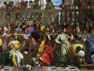 Uczta weselna w Kanie, fragment muzyków i psów, ok. 1562 olej na płótnie fragment 94932 autorstwa Paolo Veronese