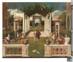 Klasyczny ogród architektoniczny z eleganckimi figurami, za nim górzysty krajobraz, ok. 1530 (olej na płótnie) autorstwa Veronese School