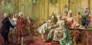 Wolfang Amadeus Mozart (1756-1791) w Madame (markiza) de Pompadour (rodzina Mozarta, podczas europejskiego tournée) (1763-1766) - Sztuka akademicka: Prezentacja młodego Mozarta Madame de Pompadour w Wersalu w 1763 przez Paredesa, Vincente Gar autorstwa Vicente Garcia de Parades