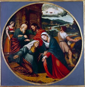Wizytacja. Spotkanie Matki Boskiej ze św. Elżbietą. W głębi, św. Józef i Zachariasz. Obraz Juan Vincente Macip (1490-1550) Ec. Esp. autorstwa Vicente Juan (c.1510 79) Macip