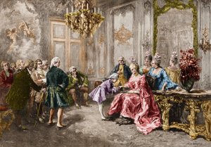 Wolfgang Amadeus Mozart (1756-1791) w Madame (markiza) de Pompadour (Rodzina Mozarta, podczas tournée po Europie) (1763-1766).Grawerowanie według obrazu M.V. de Paredes. autorstwa Vicente de (after) Paredes