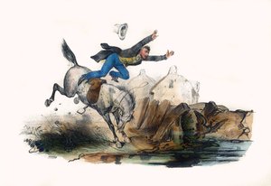 Jeździec upada w pośpiechu konia. W „Albumie Grotesque, Choices of Outstanding Types”, ilustracje Victor Adam, Paryż, ok. 1850 r. autorstwa Victor Adam
