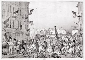 Barykada przy Rue Dauphine, 29 lipca 1830, grawerowana przez H. Delaporte