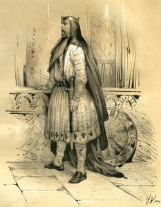 Klodion Włos, przywódca Franków salickich od około 428 r. do śmierci w 447 r., prawdopodobny przodek Merowingów. Grafika autorstwa Victora Adama (1801-1866) w książce "Francja w średniowieczu" opublikowanej przez braci Ardant w połowie 1 roku. autorstwa Victor Adam