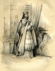 Dagobert 1. (w. 600-639) król Austrazji (623-629), król wszystkich Franków (629-634), król Neustrii i Burgundii (634-639). Regne Dagoberta 1. autorstwa Victor Adam