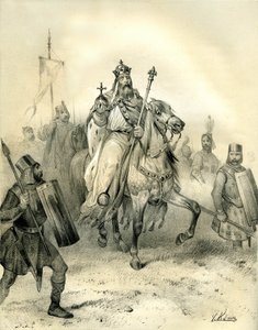 Cesarz Karol Wielki, noszący emblematy władzy, jedzie na czele swoich żołnierzy w zbrojach. Rycina autorstwa Victora Adama (1801-1866) w książce "Francja w średniowieczu" wydanej przez braci Ardant w połowie XIX wieku. autorstwa Victor Adam
