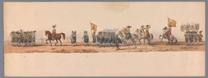 Procesja historyczna w stulecie Uniwersytetu Nauk Stosowanych w Utrechcie, 1836 (tablica 7) Podejście wojsk holenderskich do Ostendy, 3 lipca 1600, dzień po zwycięstwie pod Nieuwpoort; zgodnie z kostiumową reprezentacją podaną przez H H Student autorstwa Victor Adam