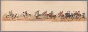 Procesja historyczna w stulecie Uniwersytetu Nauk Stosowanych w Utrechcie, 1836 (tablica 8) Podejście wojsk holenderskich do Ostendy, 3 lipca 1600, dzień po zwycięstwie pod Nieuwpoort; zgodnie z kostiumową reprezentacją podaną przez H H Student autorstwa Victor Adam