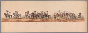Procesja historyczna w stulecie Uniwersytetu Nauk Stosowanych w Utrechcie, 1836 (tablica 5) Podejście wojsk holenderskich do Ostendy, 3 lipca 1600, dzień po zwycięstwie pod Nieuwpoort; zgodnie z kostiumową reprezentacją podaną przez H H Student autorstwa Victor Adam