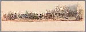 Procesja historyczna w stulecie Uniwersytetu Nauk Stosowanych w Utrechcie, 1836 (tablica 10) Podejście wojsk holenderskich do Ostendy, 3 lipca 1600, dzień po zwycięstwie pod Nieuwpoort; zgodnie z kostiumową prezentacją, podaną przez H H Studen autorstwa Victor Adam