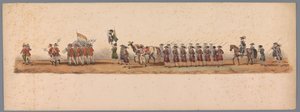 Procesja historyczna w stulecie Uniwersytetu Nauk Stosowanych w Utrechcie, 1836 (tablica 3) Podejście wojsk holenderskich do Ostendy, 3 lipca 1600, dzień po zwycięstwie pod Nieuwpoort; zgodnie z kostiumową reprezentacją podaną przez H H Student autorstwa Victor Adam