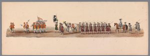 Procesja historyczna w stulecie Uniwersytetu Nauk Stosowanych w Utrechcie, 1836 (tablica 3) Podejście wojsk holenderskich do Ostendy, 3 lipca 1600, dzień po zwycięstwie pod Nieuwpoort; zgodnie z kostiumową reprezentacją podaną przez H H Student autorstwa Victor Adam