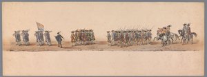 Procesja historyczna w stulecie Uniwersytetu Nauk Stosowanych w Utrechcie, 1836 (tablica 4) Podejście wojsk holenderskich do Ostendy, 3 lipca 1600, dzień po zwycięstwie pod Nieuwpoort; zgodnie z kostiumową reprezentacją podaną przez H H Student autorstwa Victor Adam