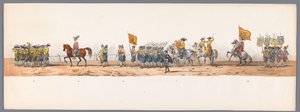 Procesja historyczna w stulecie Uniwersytetu Nauk Stosowanych w Utrechcie, 1836 (tablica 7) Podejście wojsk holenderskich do Ostendy, 3 lipca 1600, dzień po zwycięstwie pod Nieuwpoort; zgodnie z kostiumową reprezentacją podaną przez H H Student autorstwa Victor Adam