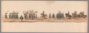 Procesja historyczna w stulecie Uniwersytetu Nauk Stosowanych w Utrechcie, 1836 (tablica 9) Podejście wojsk holenderskich do Ostendy, 3 lipca 1600, dzień po zwycięstwie pod Nieuwpoort; zgodnie z kostiumową reprezentacją podaną przez H H Student autorstwa Victor Adam