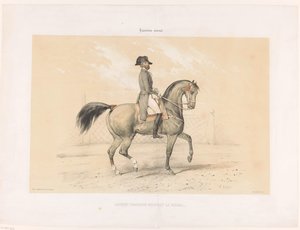 Laurent Franconi na swojej klaczy Norma Laurent Franconi Montant la Norma. (tytuł na obiekcie) Konie i jeźdźcy na torze wyścigowym (tytuł serii) Hippodrôme national (tytuł serii na obiekcie) autorstwa Victor Adam
