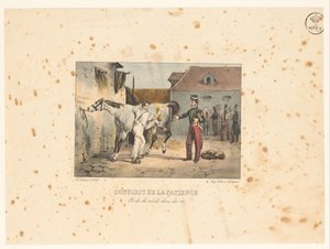 Rekruut verzorgt een paard Poborowy cierpliwości i szpiku w kościach (tytuł na obiekcie) Sceny wojskowe (tytuł serii) Sceny wojskowe (tytuł serii) autorstwa Victor Adam