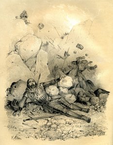 Roland, hrabia marchii Bretanii, zginął z rąk oddziału Vascons (Basków) w 778 r. w dolinie Ronceveaux (Pireneje). Rycina autorstwa Victora Adama (1801-1866) w książce "Francja w średniowieczu" wydanej przez braci Ardant w połowie XIX wieku. autorstwa Victor Adam