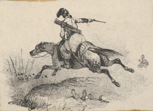 Żołnierz na galopującym koniu, połowa XIX wieku.