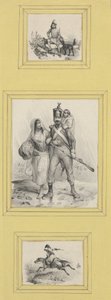 Soldaten und ein Highlander (3 Drucke unterschiedlicher Größe auf ein gelbes Blatt geklebt) autorstwa Victor Adam